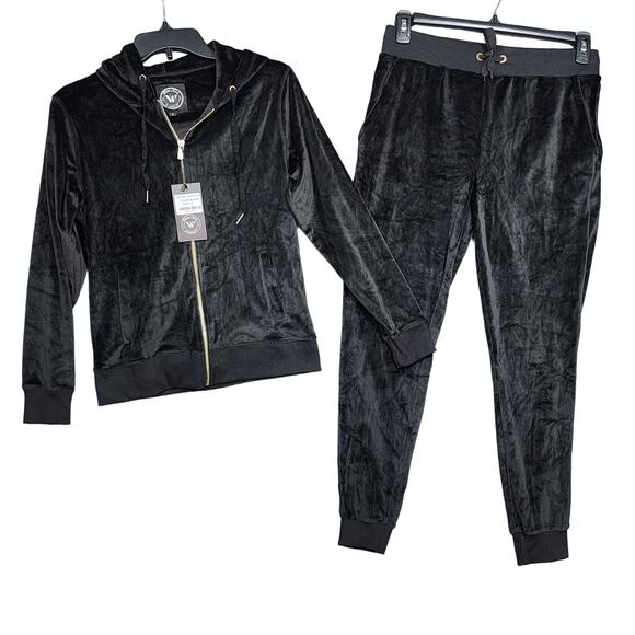 White Mark Velour Tracksuit Loungewear Size Small Black trackies hoodie joggers - Picture 1 of 6